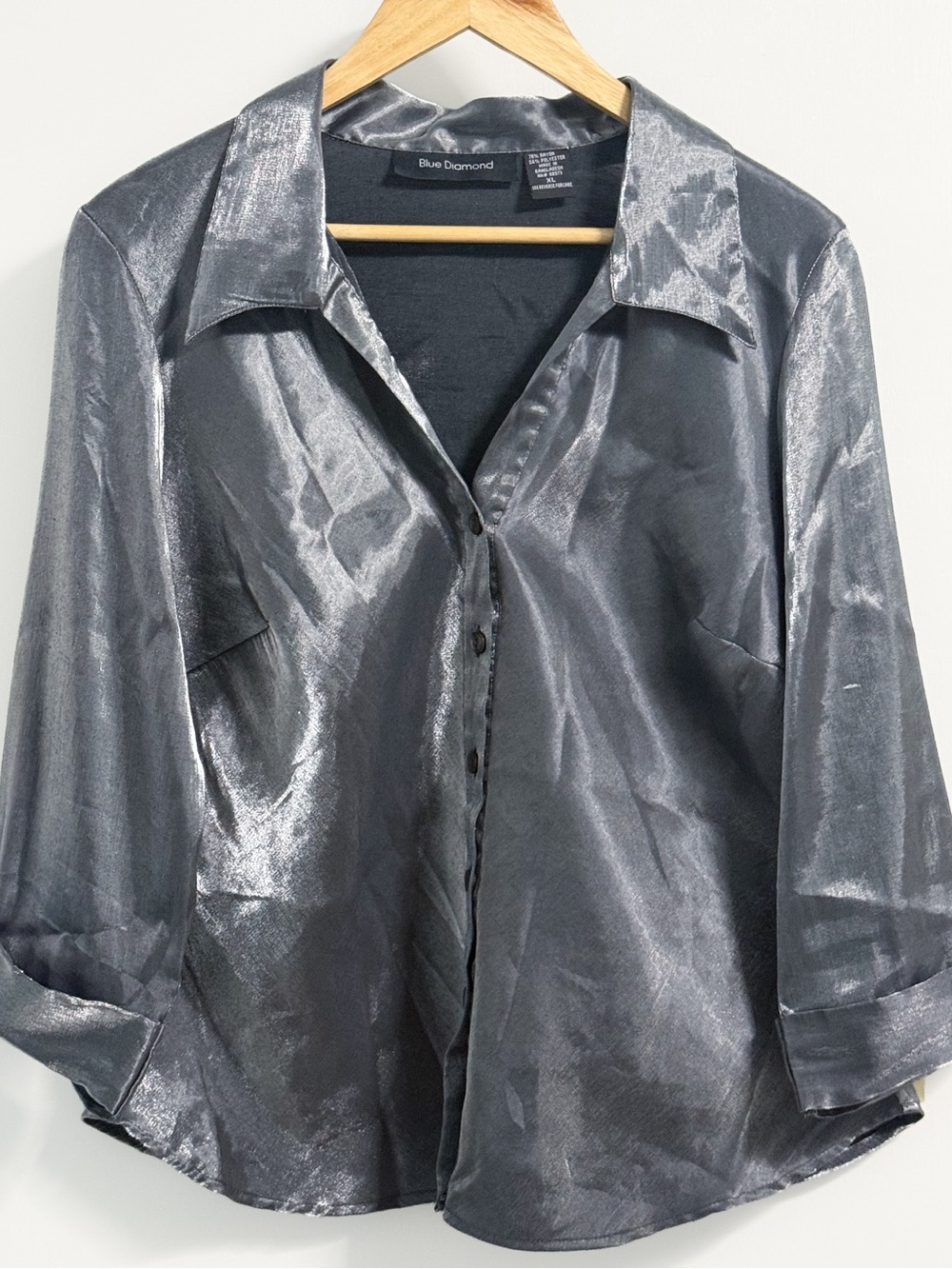 Blue Diamond Pewter Metallic Shimmer Button Front Blouse XL